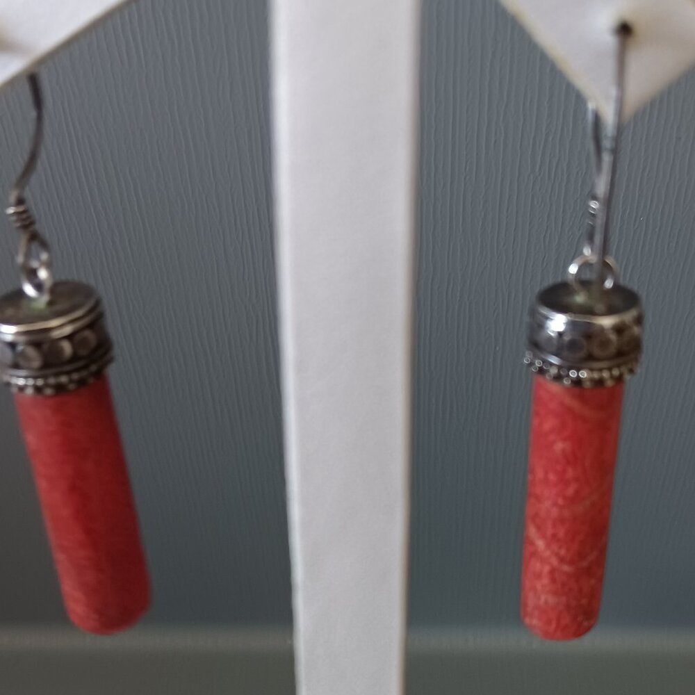 Sterling Silver Red Coral Dangle Drop Earrings
